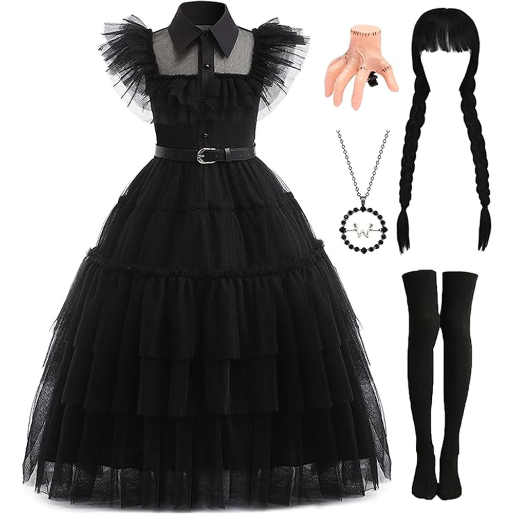 Wednesday Addams Cosplay Costume Gothic Women's Dress Size Medium w Accessories